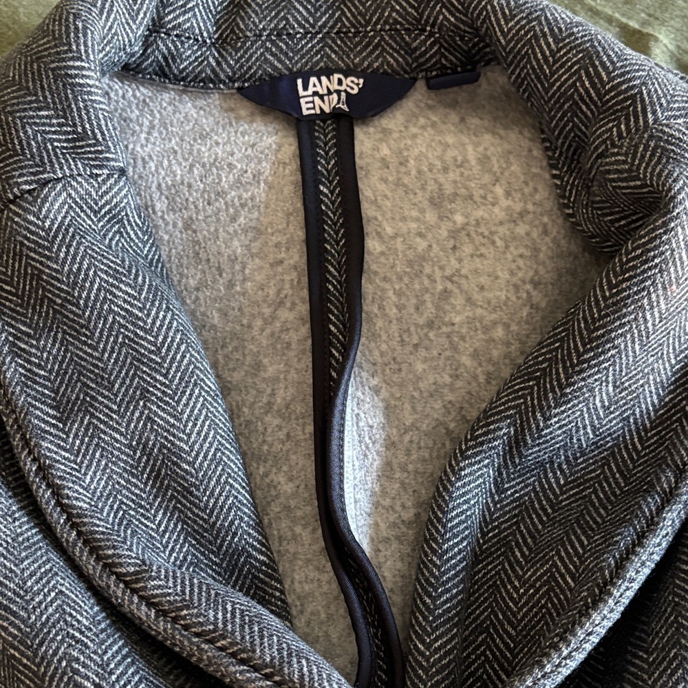 Lands' End Gray Herringbone Shawl-Collar Fleece-Lined Jacket